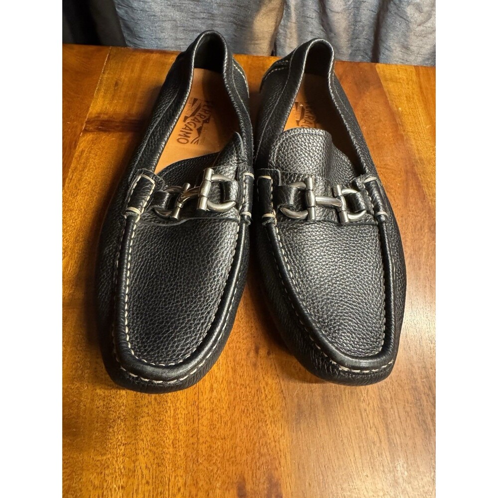 Ferragamo Parigi Black Pebbled Leather Gancini Bit Driver Loafers Mens Size 10 D